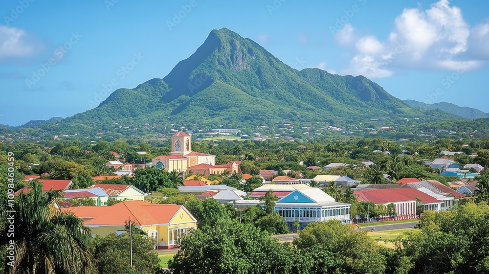 Fototapeta premium A panoramic view of colorful buildings against a dramatic mountain backdrop, with crystal-clear skies.