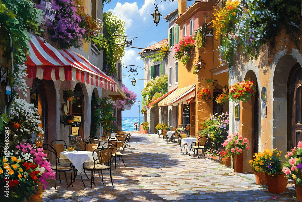 Fototapeta premium Colorful flowers cascade down buildings, while cafes bustle in a charming seaside alleyway