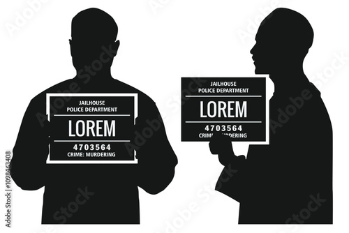 Silhouette black mugshot,  Police lineup or criminal, man holds chalkboard, mugshot board front view and side profile view
