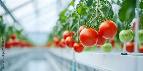 Advanced Greenhouse with Rows of Tomato Plants – High-Tech Farming Environment Promoting Healthy, Fresh Produce photo