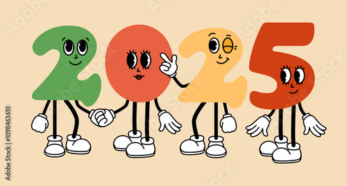 2025 Happy New Year groovy cartoon characters. Funny retro 2025 mascot with face emotion, hands and legs. Comic elements in trendy retro cartoon style. Vector illustration