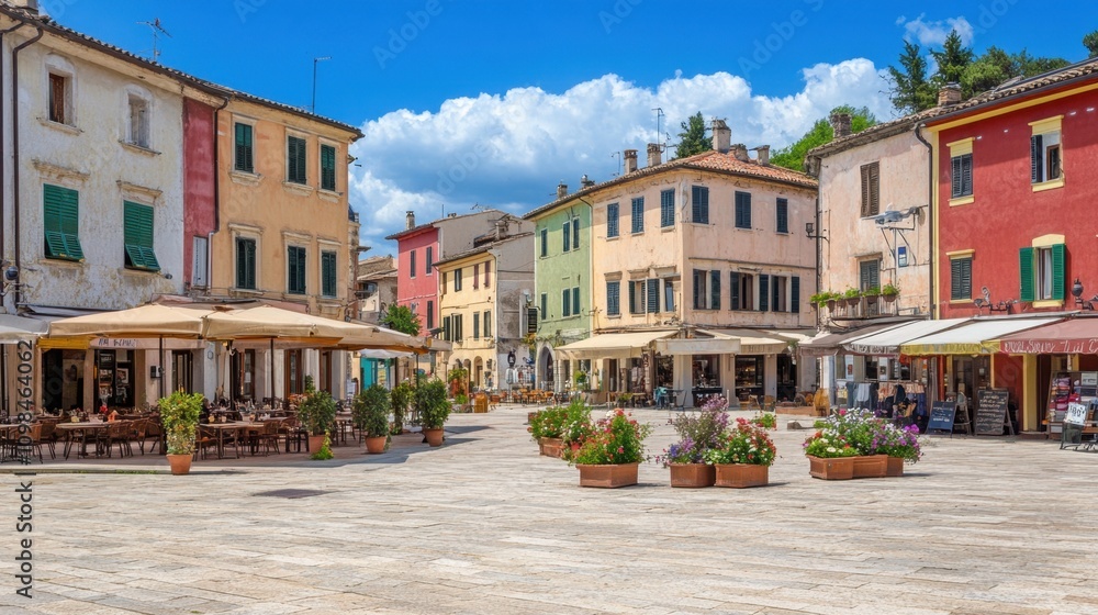 Obraz premium A picturesque town square with colorful buildings, neatly arranged cafes, and flower-filled planters.
