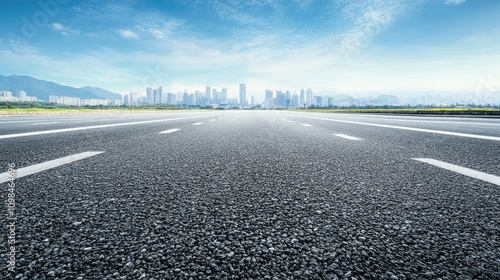 Urban Roadway with Clear Sky and City Skyline in Background photo