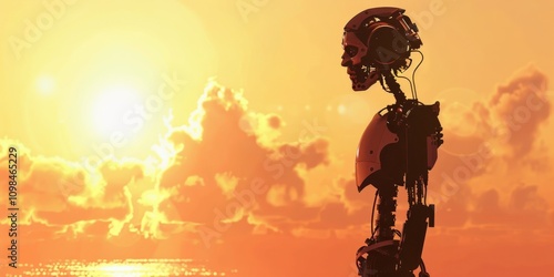 A humanoid robot stands against a stunning sunset, showcasing advanced technology and futuristic design.