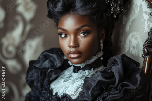 A majestic woman in a black Victorian dress with poised, confident gaze. Her attire and styling echo the grandeur and elegance of a bygone era. photo