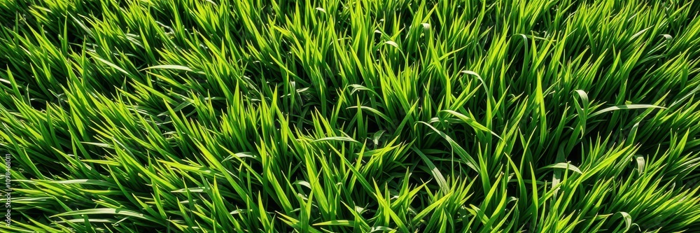 Fototapeta premium Texture of lush green grass with sunlight shining through, perfect for nature backgrounds or design projects, natural, pattern