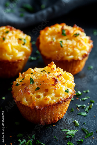 Cheesy macaroni muffins on dark table, melted cheese on muffins generated.AI