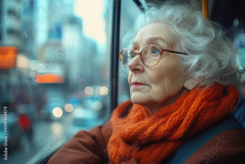 Elderly woman wearing glasses looking out of window on city street photo