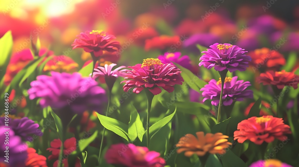 Fototapeta premium A vibrant field of colorful flowers basking in warm sunlight.