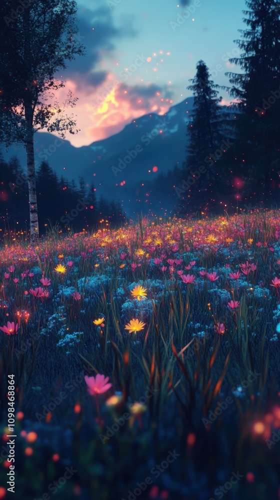 Fototapeta premium Vibrant flower field sunset landscape