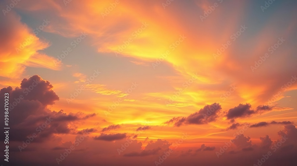 Fototapeta premium Vibrant colors of a beautiful sunset sky filled with soft clouds, heavenly, horizon