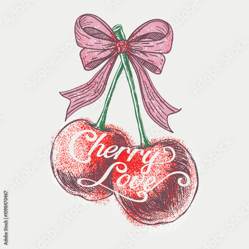 hand drawn effects cherry girls graphics for fruit design, cherry bow with slogan typography, fashion graphic prints cherries fruit cute t-shirt pattern, vintage food fashion slogan print for t-shirt