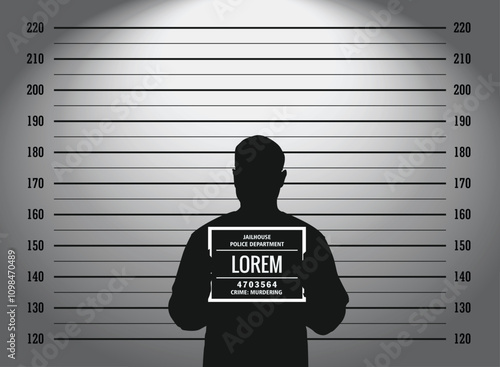A man and mugshot, Police lineup or mugshot background for criminals with centimeter metric and chalkboard front view
