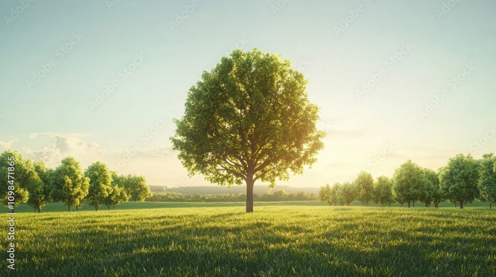 Fototapeta premium A single tree in sharp focus, surrounded by lush bushes, set against a crystal-clear blue sky and warm daylight.
