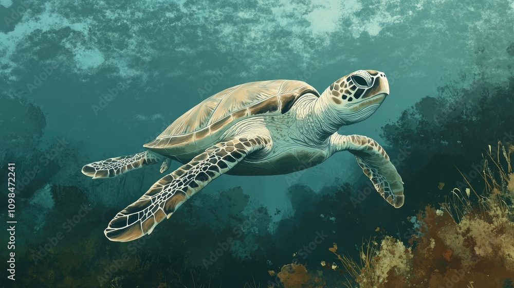 Obraz premium Graceful Sea Turtle Swimming Through the Vibrant Underwater World with Lush Fauna and Enigmatic Blue Background, Capturing the Essence of Marine Life