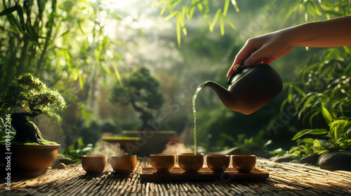 Traditional Japanese herbal tea made in old teapot photo