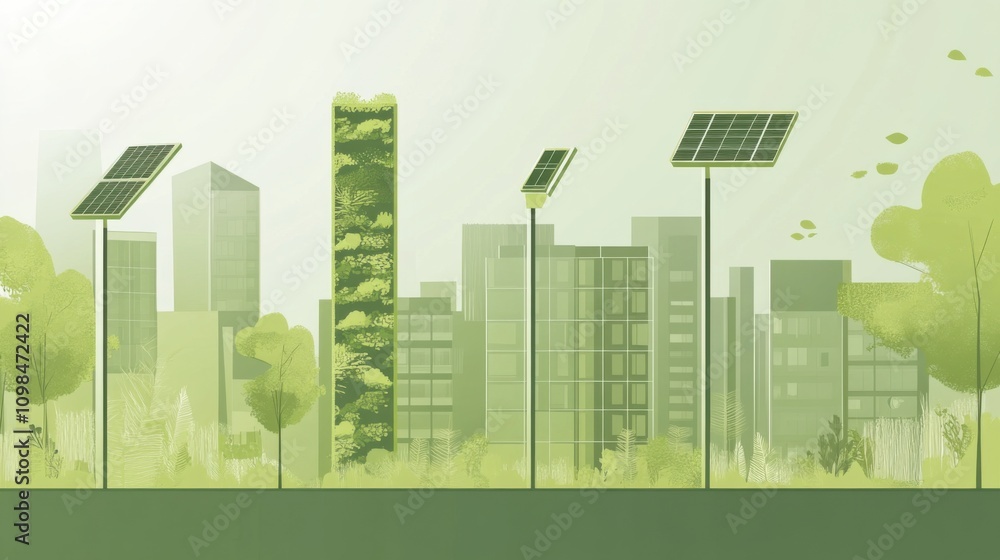Fototapeta premium A conceptual illustration of a green urban oasis with vertical gardens and solar-powered streetlights, symbolizing urban renewal and sustainable city spaces, minimalist style