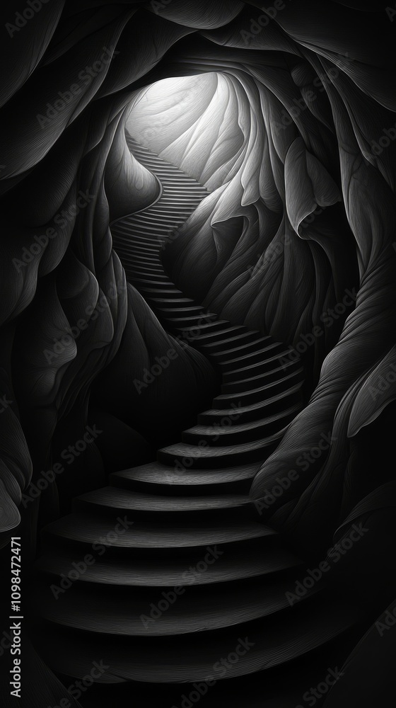 Obraz premium A spiral staircase ascends through a dark, textured cave, illuminated by dramatic lighting leading to a bright opening.