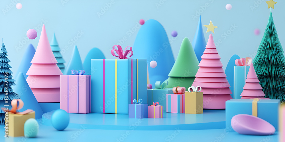 Obraz premium Pastel Winter Wonderland: Festive 3D Render of Christmas Gifts and Trees