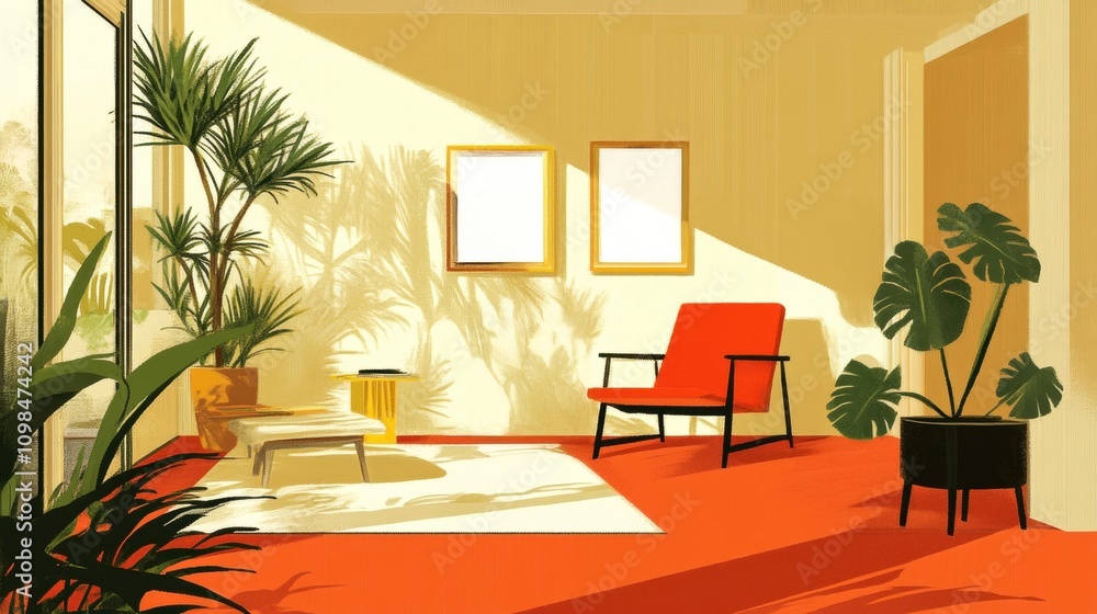 Fototapeta premium Stylish living room with vibrant plants and modern furniture, featuring warm light and artistic decor.
