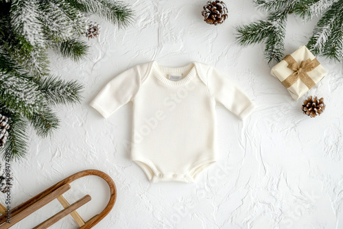 White baby onesie surrounded by winter-themed decorations on white plaster background, pregnancy announcement concept 