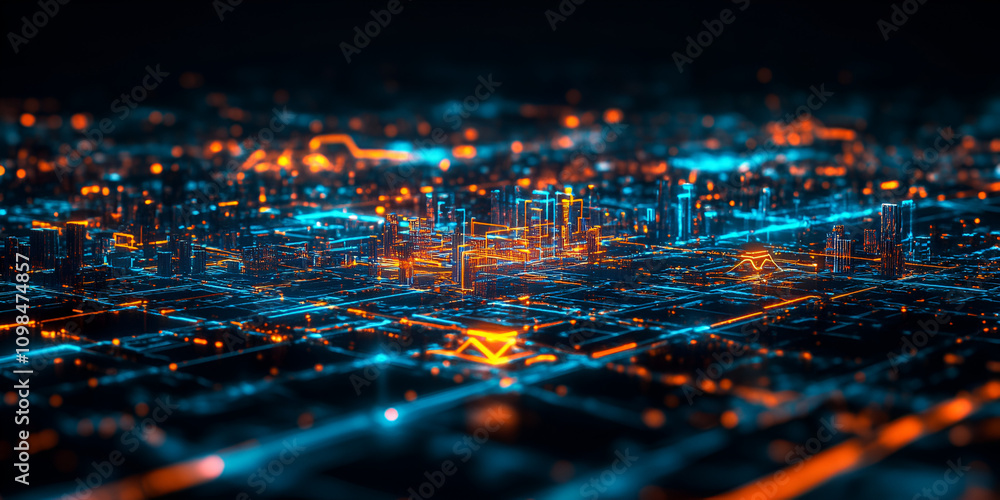 Obraz premium Digital Cityscape: A mesmerizing abstract cityscape illuminated by vibrant blue and orange lights, evoking a sense of futuristic urbanism and technological advancement. 
