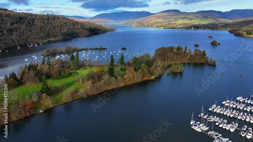 Aerial video showing Belle Isle in Wendemire Lake - Cumbria, UK.  photo