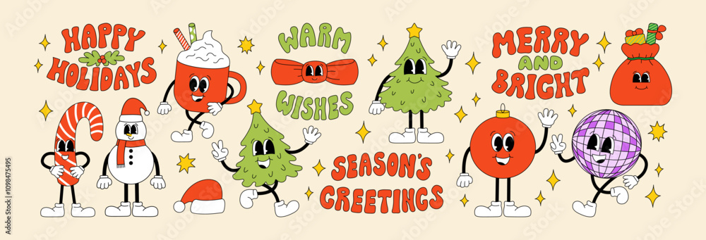 Fototapeta premium Set of christmas and new year groovy retro characters and retro lettering quotes. Vector outline illustration in vintage 60s 70s hippie style