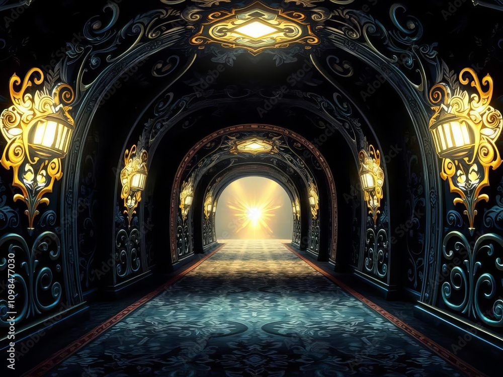 Obraz premium A tunnel with bright blue neon lights