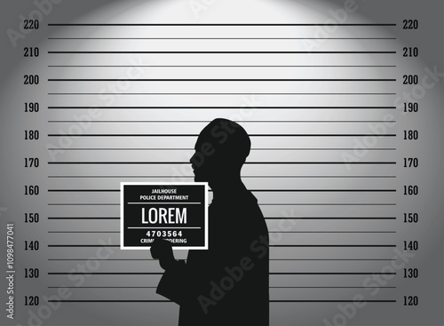  A man and mugshot, Police lineup or mugshot background for criminals with centimeter metric and chalkboard side profile view