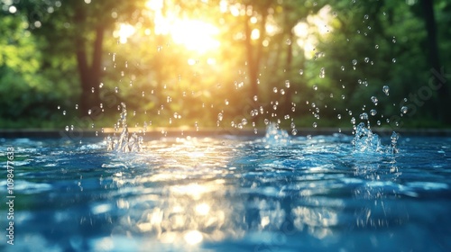 Wallpaper Mural Water droplets splashing in a pool with a blurred sunset background. Torontodigital.ca