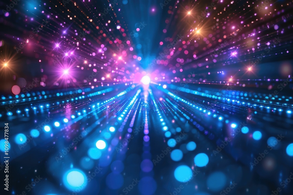 Fototapeta premium Vibrant blue and pink lights converge in a dazzling futuristic perspective.