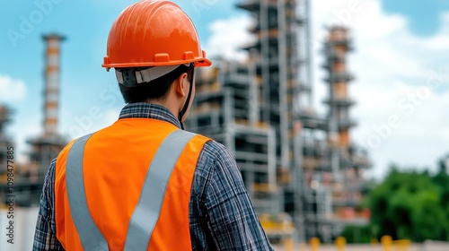 Construction worker in safety gear observing a site with industrial structures in the background. photo