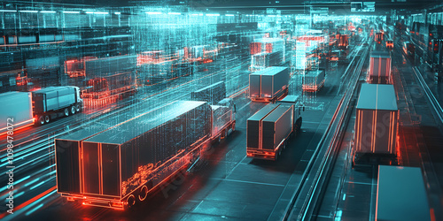 Future of Logistics: A futuristic cityscape illuminated by neon lights, with numerous semi-trailer trucks transporting goods along a network of highways. This image represents efficiency. photo