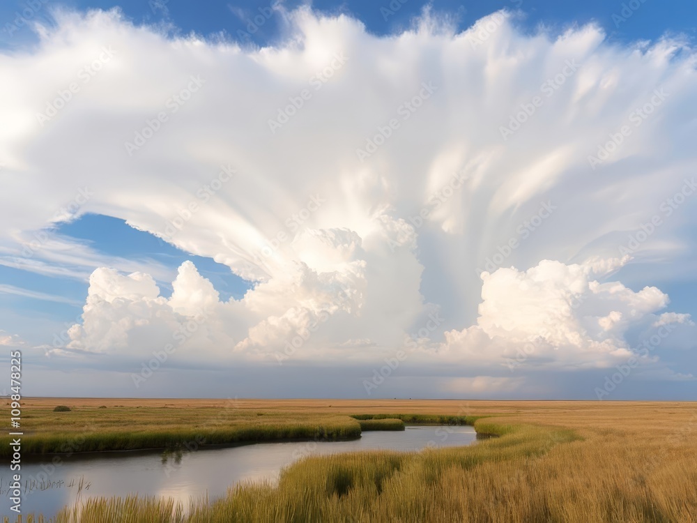 Obraz premium A forest with a lake and a large, fluffy white cloud in the sky above