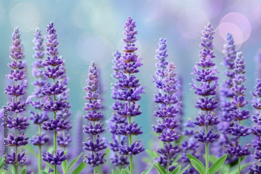 Fototapeta premium Vibrant purple lavender flowers blooming in a soft focus dreamy background.