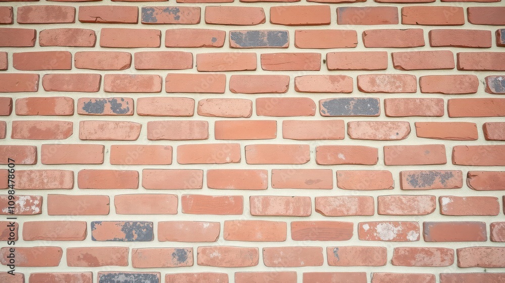 Obraz premium Rough, weathered red brick wall with rough mortar joints, construction, weathered
