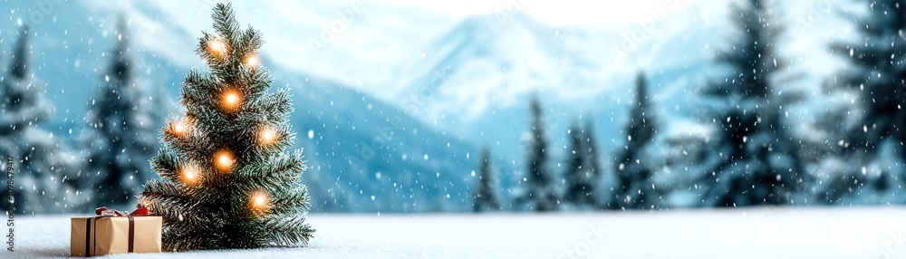 Obraz premium A beautiful Christmas tree in a snowy landscape with mountains in the background.