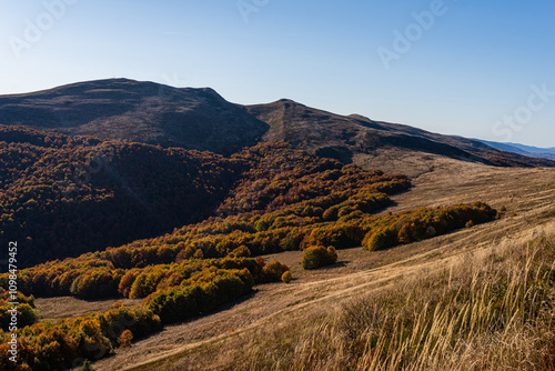 Panoramic photo of Bieszczady Moutains, Poland. Tarnica, the highest peak of Bieszczady, Tarniczka and Szeroki Wierch. View from Red Trail near Goprowska Pass photo