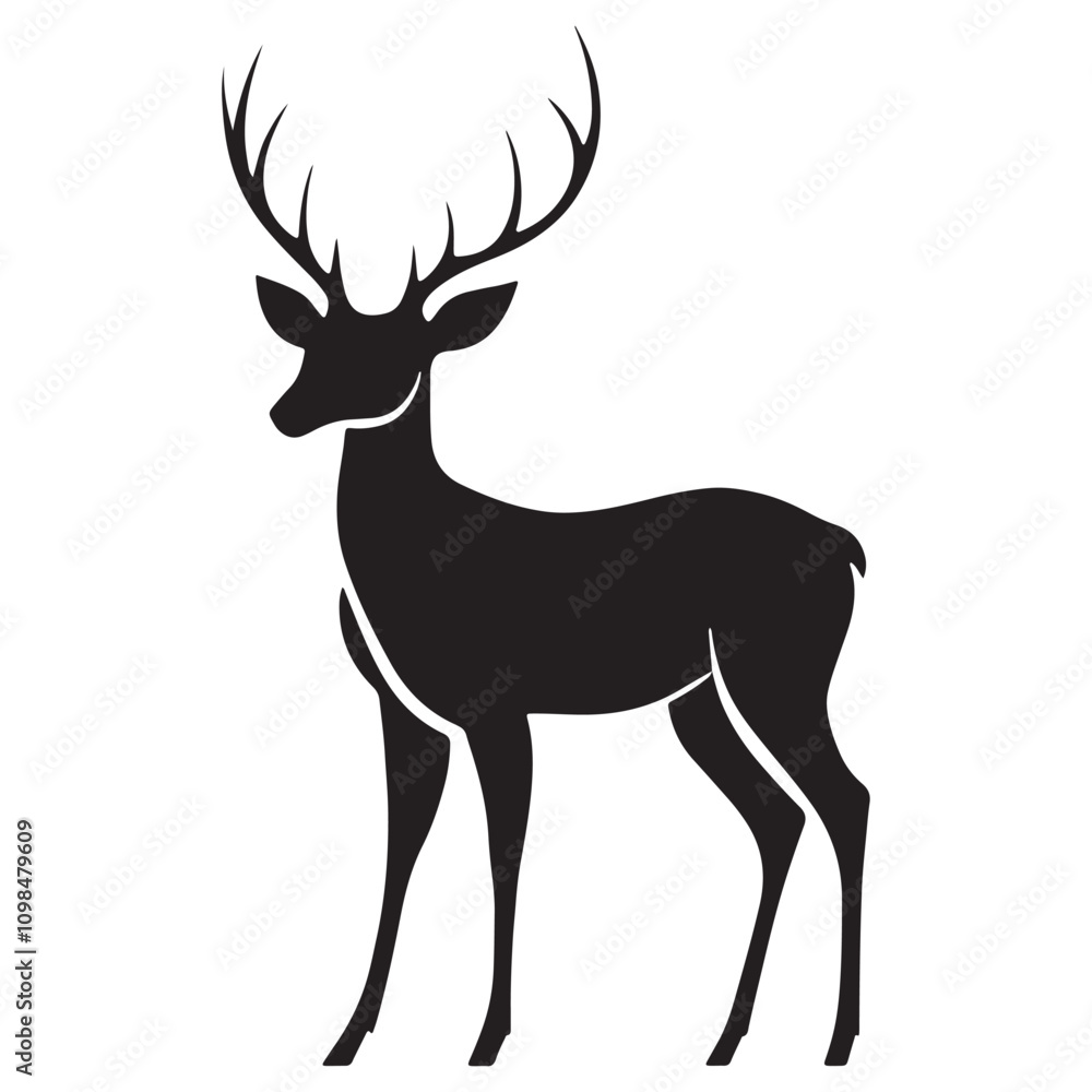 Obraz premium Deer Silhouette Vector Illustration, Minimalist Deer Silhouette Icon, Standing Deer Silhouette Vector Art, Deer Head Silhouette Logo Design, Running Deer Silhouette Design.