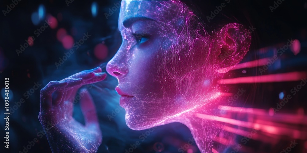 Naklejka premium Neon Woman Digital Art Cosmic Face Portrait
