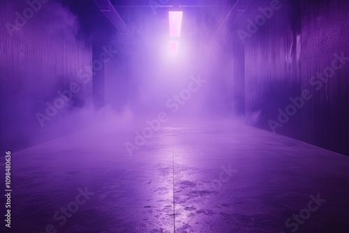 A purple lit  smoky corridor with a concrete floor  creating an atmospheric and mysterious scene. photo