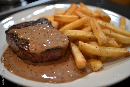 A tender steak au poivre, pepper steak, with glossy brown pepper sauce and crispy fries on a sleek plate, set on a countertop in a modern kitchen