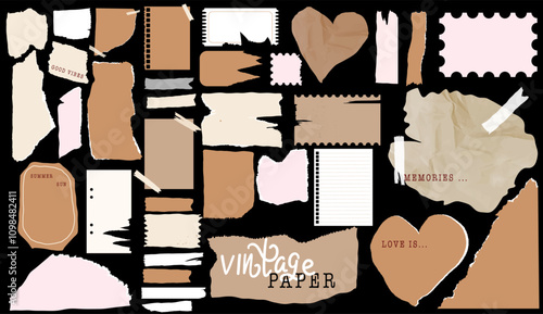 A collection of torn paper scraps, vintage textures, handwritten words, and shapes, perfect for creative journaling or digital design projects. Vector illustration