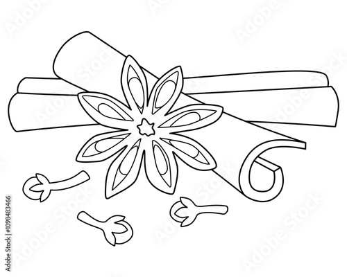 Star anise, cloves and cinnamon sticks - spices vector linear illustration for coloring. Spices - cinnamon, cloves and star anise - aromatherapy spice composition for coloring	
