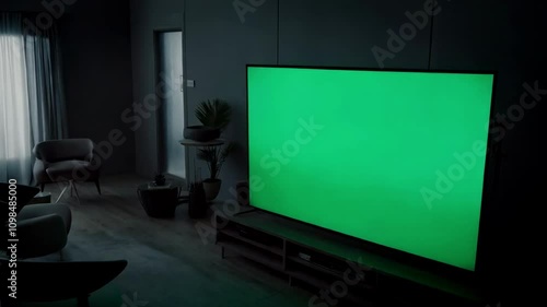An interior tv room, a single large screen tv has blank green screen