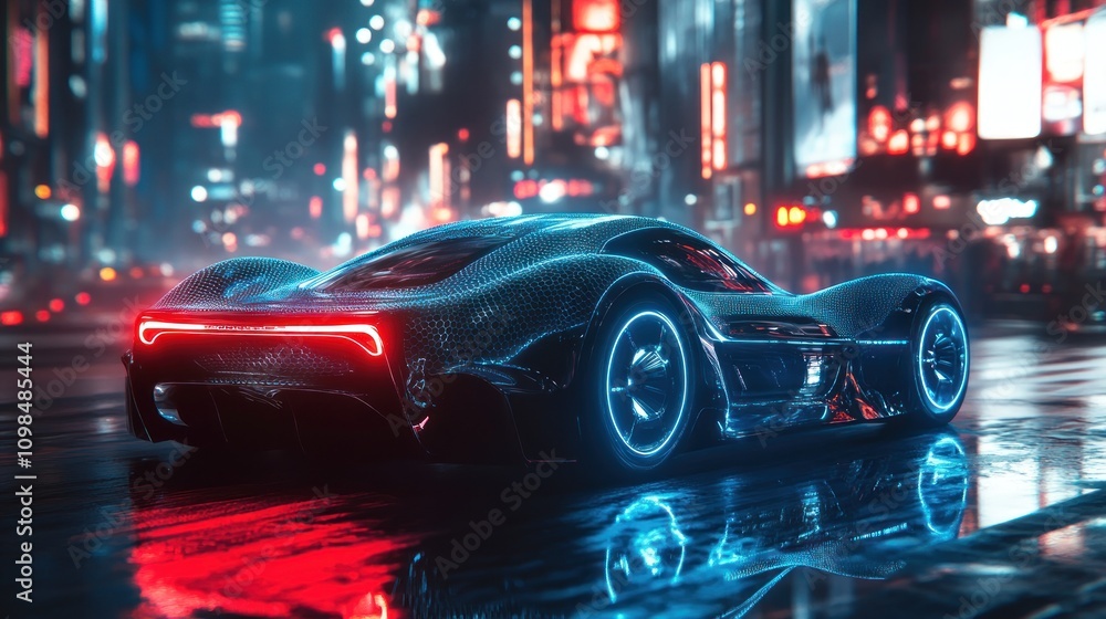 Fototapeta premium Futuristic Sports Car at Night Cityscape