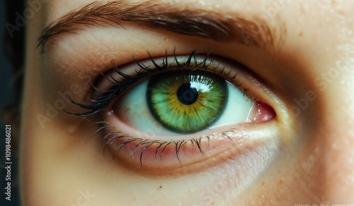 Close-up of green eye with detailed iris and lashes.