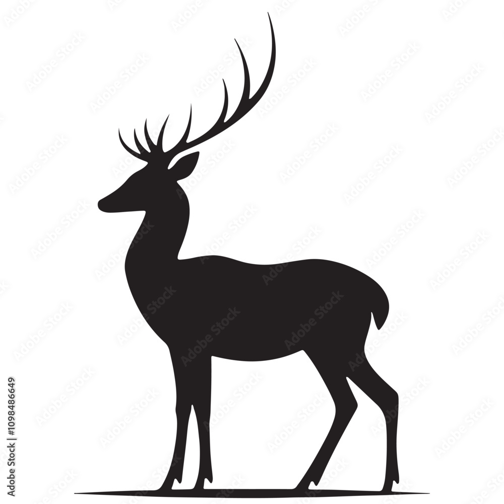Obraz premium Deer Silhouette Vector Illustration, Minimalist Deer Silhouette Icon, Standing Deer Silhouette Vector Art, Deer Head Silhouette Logo Design, Running Deer Silhouette Design.