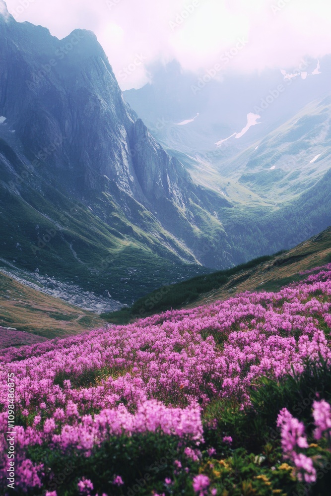 Fototapeta premium Breathtaking view of a lush alpine valley filled with pink wildflowers, surrounded by towering mountains and a dramatic cloudy sky.